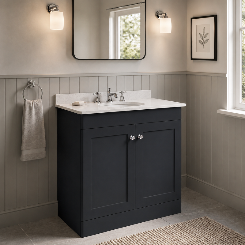 Nuie Classique Floor Standing 800mm Vanity Unit with Marble Top Basin - Soft Black