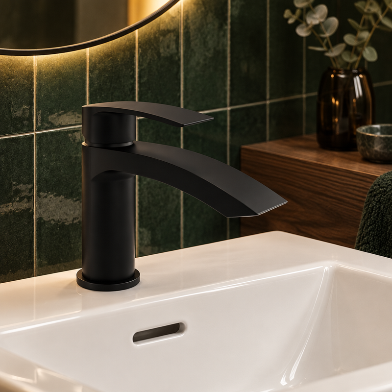 Kartell Curve Nero Mini Mono Basin Mixer Tap With Click Waste, Matt Black