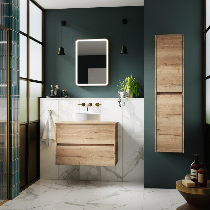Nuie Havana Autumn Oak Wall Hung Vanity, Tall Unit & Worktop, Black LED Mirror - Bathroom Package