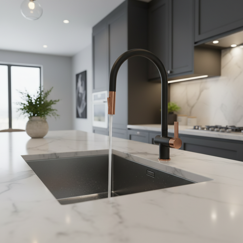 Nuie Pull-Out Tap – Dark Kitchen Setting