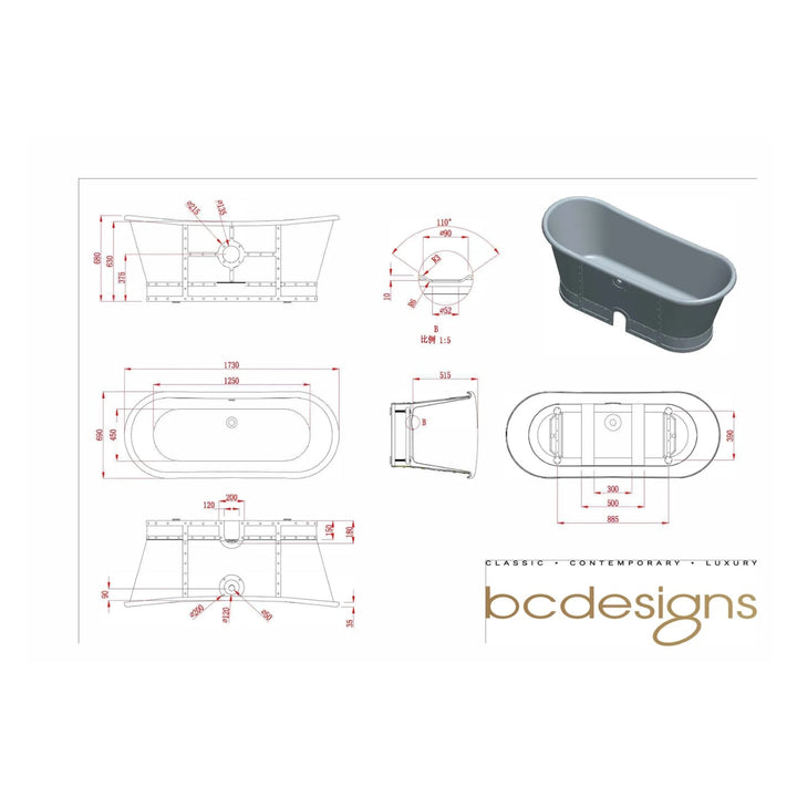 BC Designs Industrial Freestanding Floor Mounted Boat Bath - 1710mm H x 690mm W