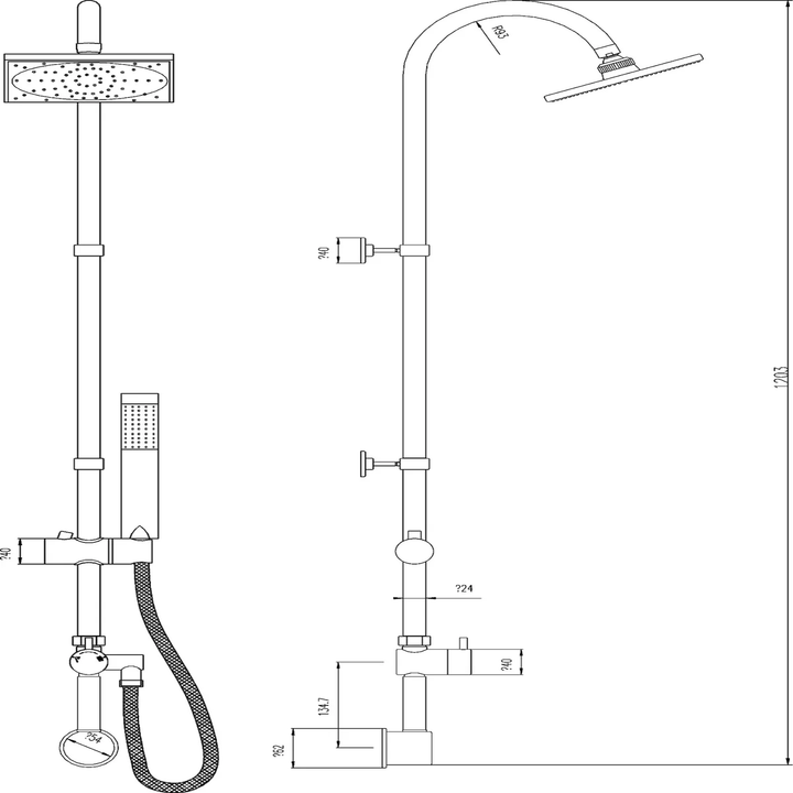 Technical drawing of a shower system with various components and measurements.