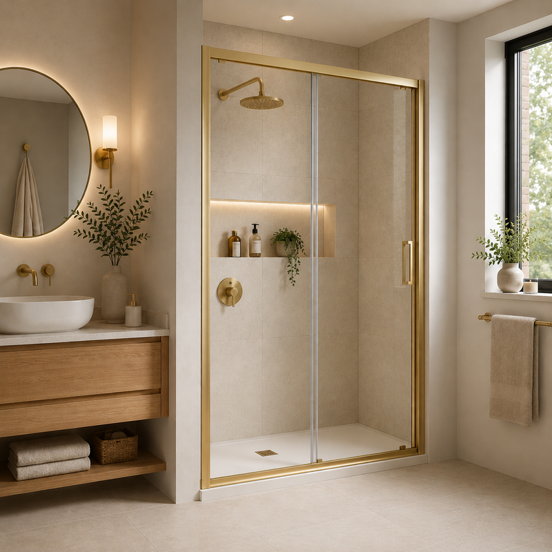 Nuie Ensky 1200mm Sliding Shower Door - Brushed Brass