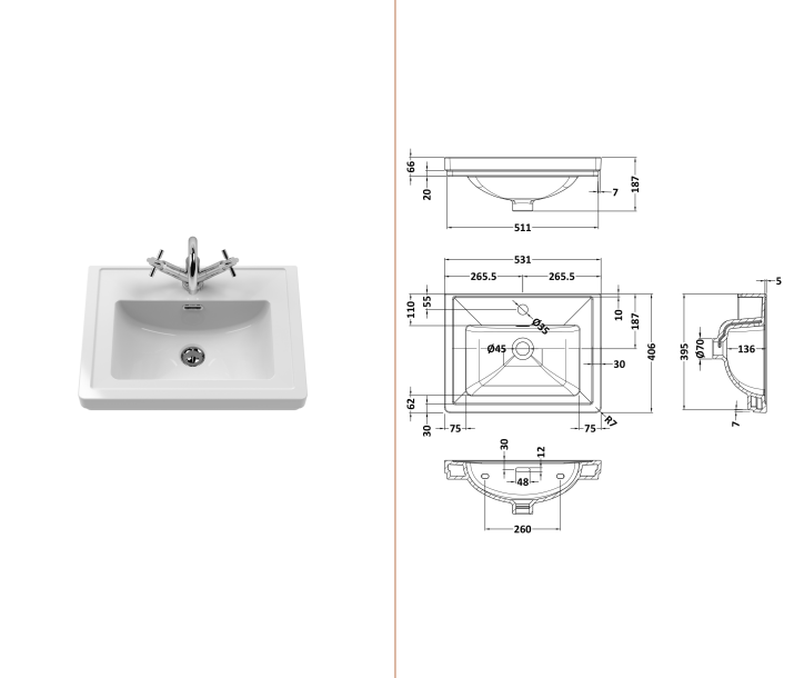 Nuie Carlton / 500mm 1TH Basin With Traditional Stand