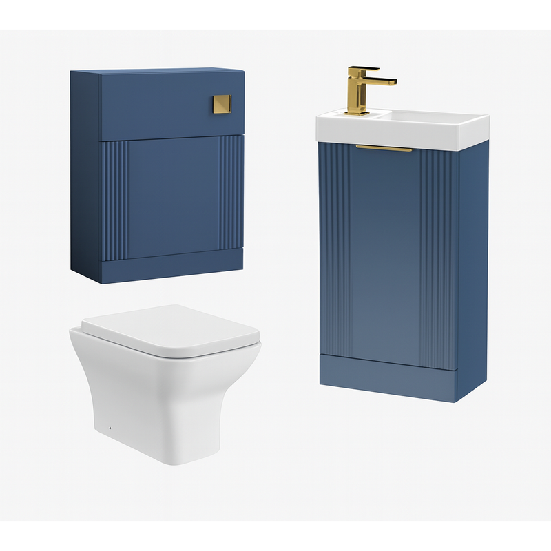 Nuie Deco Satin Blue Floor Standing Toilet & Basin Unit With Soft Close Seat, Tap & Cistern