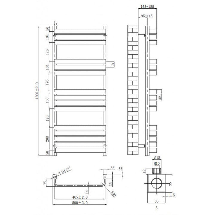Tailored Auckland Brushed Brass Designer Heated Towel Rail 1200mm H x 500mm W