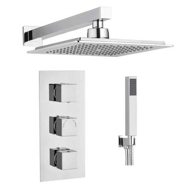 Tailored Chrome Square Concealed Thermostatic 3 Handle 2 Way Shower Kit