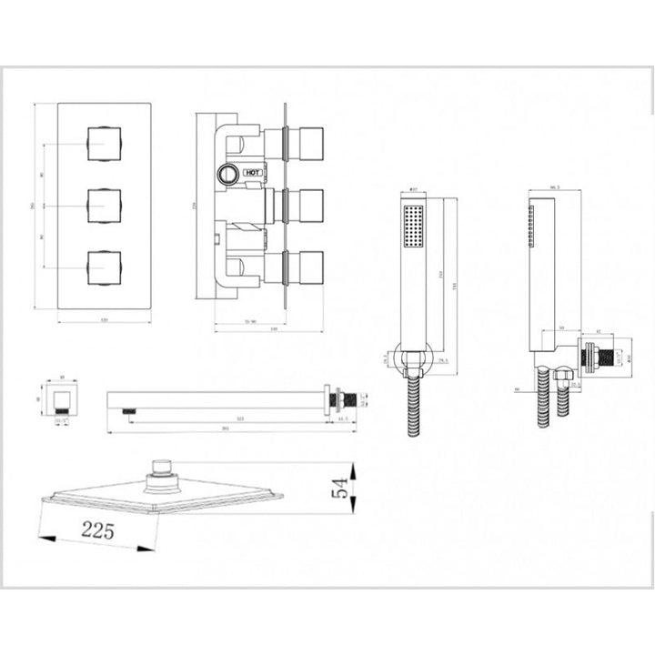 Tailored Gunmetal Black Square Concealed Thermostatic 3 Handle 2 Way Shower Kit