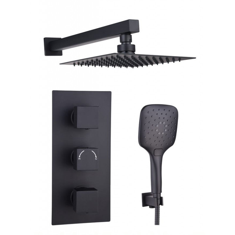 Tailored Orca Black Square Concealed Thermostatic 3 Handle 2 Way Shower Kit