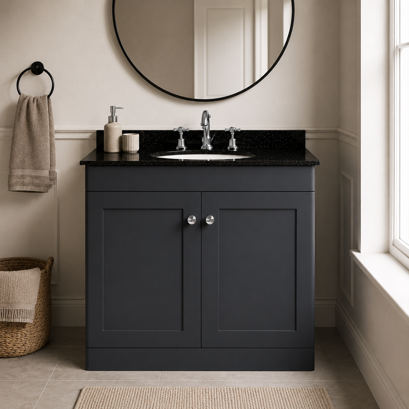 Nuie Classique Floor Standing Double Door 800mm Vanity Unit with Marble Top & Oval Basin - Soft Black
