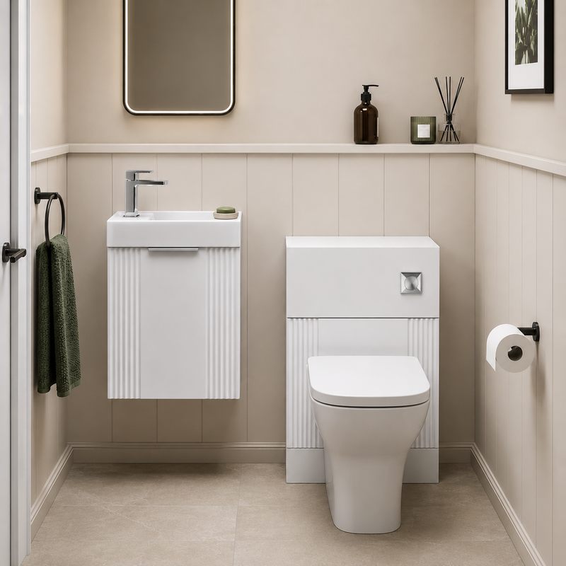 Nuie Deco 400mm Satin Wall Hung Cloakroom Suite Package - Satin White
